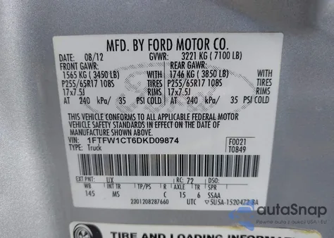 2013 Ford F-150 Xlt z USA, uszkodzony, nr VIN 1FTFW1CT6DKD09874